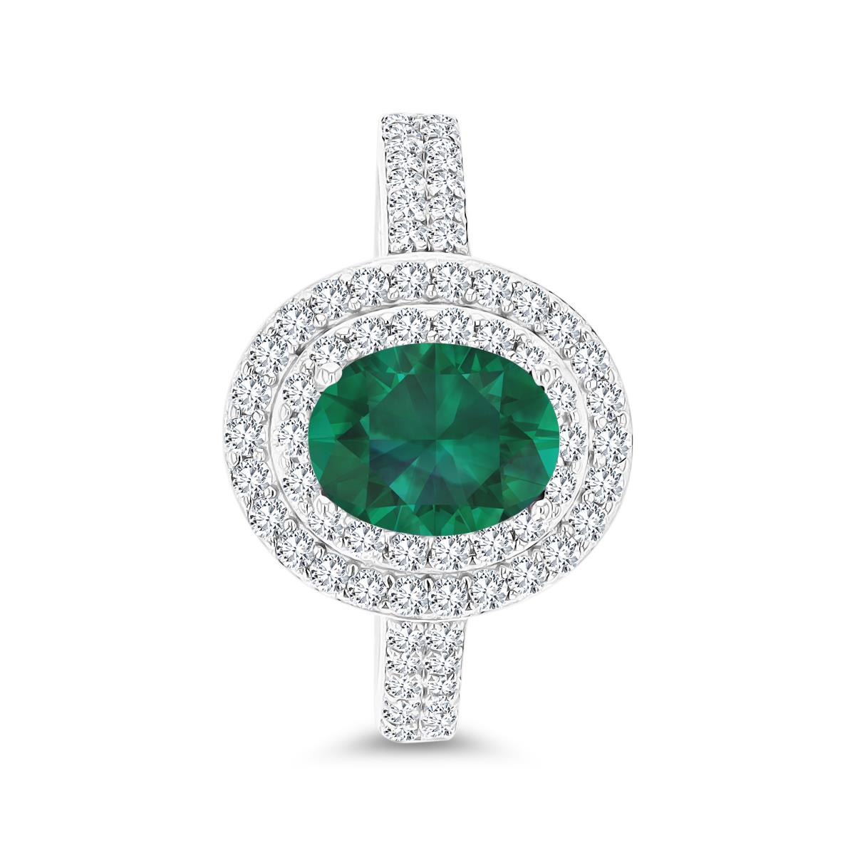 Sterling Silver Rhodium 8x6mm Cr Emerald & Cr White Sapphire Halo Fashion Ring