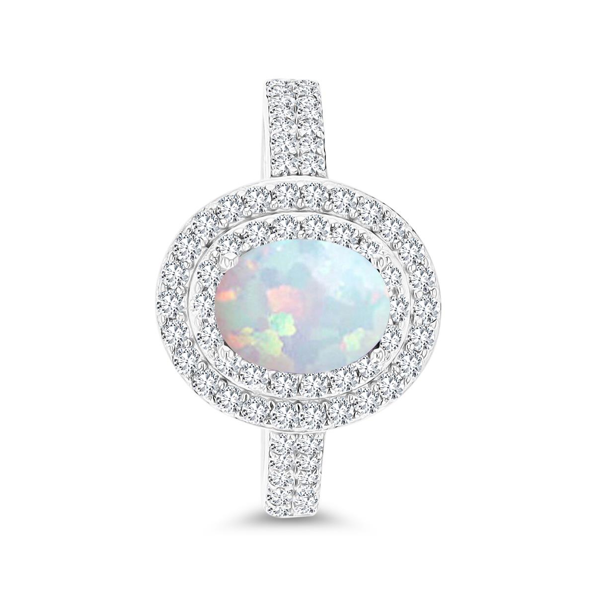 Sterling Silver Rhodium 8x6mm Cr Opal & Cr White Sapphire Halo Fashion Ring