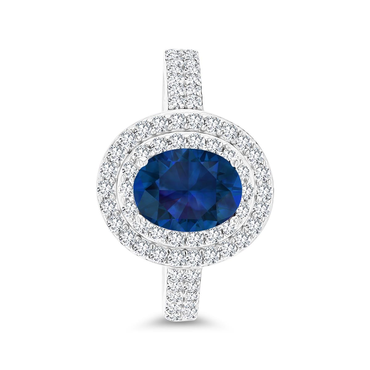 Sterling Silver Rhodium 8x6mm Cr Blue Sapphire & Cr White Sapphire Halo Fashion Ring