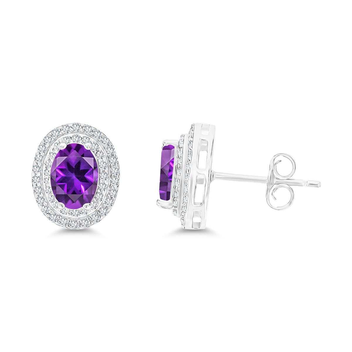 Sterling Silver Rhodium 7x5mm Oval Amethyst & Cr White Sapphire Halo Earrings
