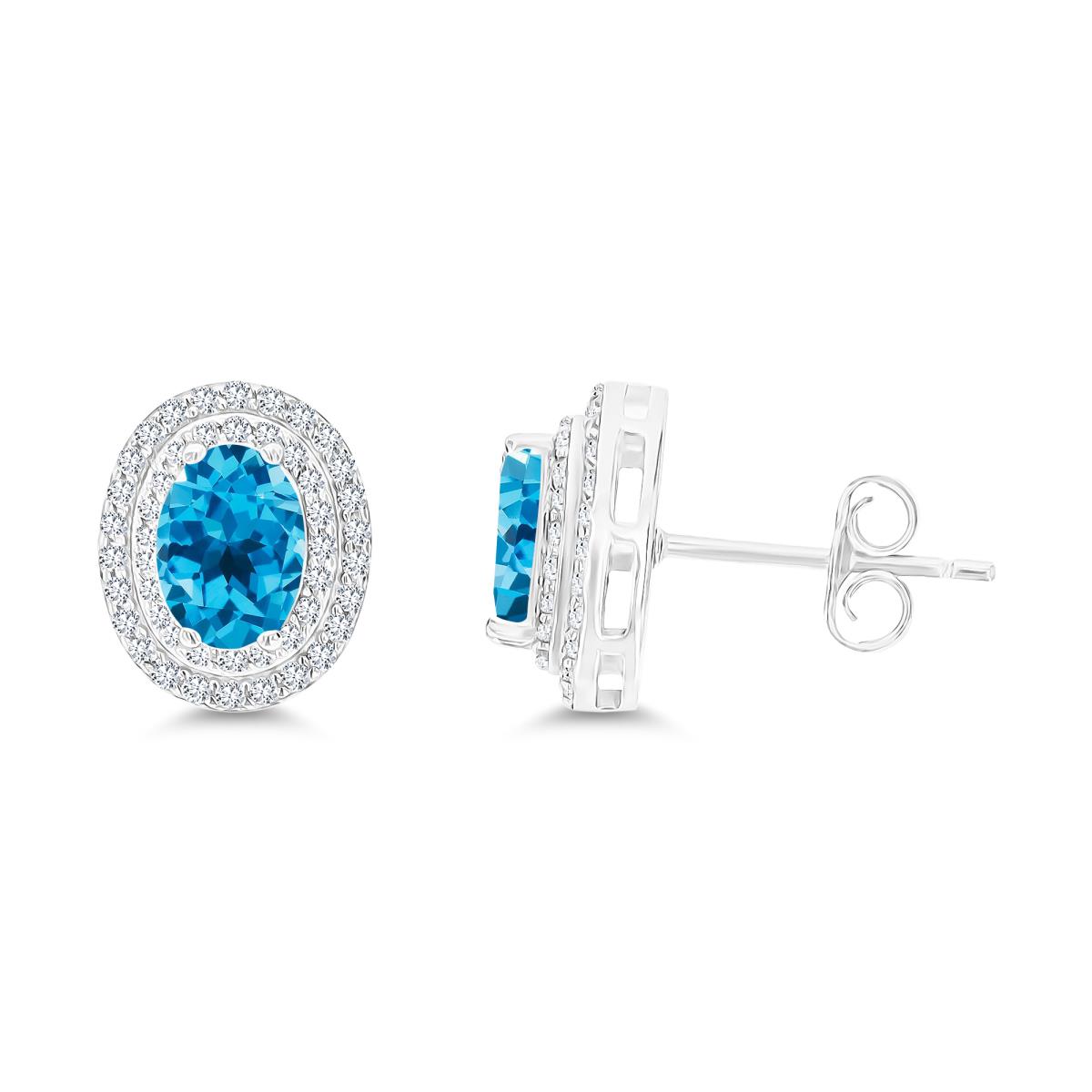 Sterling Silver Rhodium 7x5mm Oval Blue Topaz & Cr White Sapphire Halo Earrings