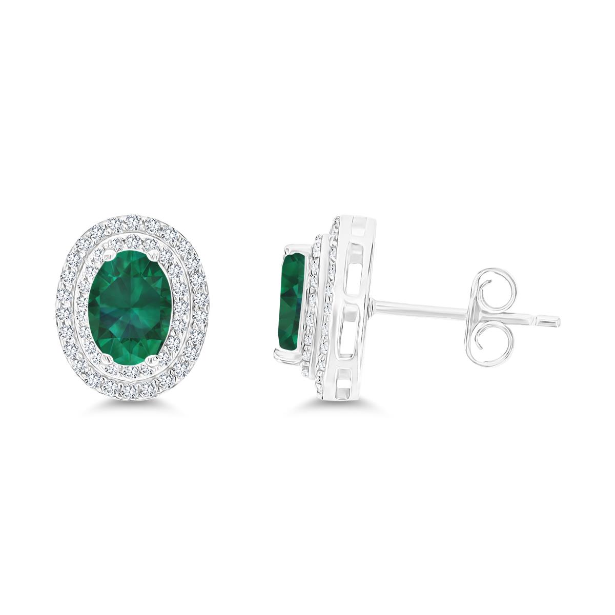 Sterling Silver Rhodium 7x5mm Oval Cr Emerald & Cr White Sapphire Halo Earrings