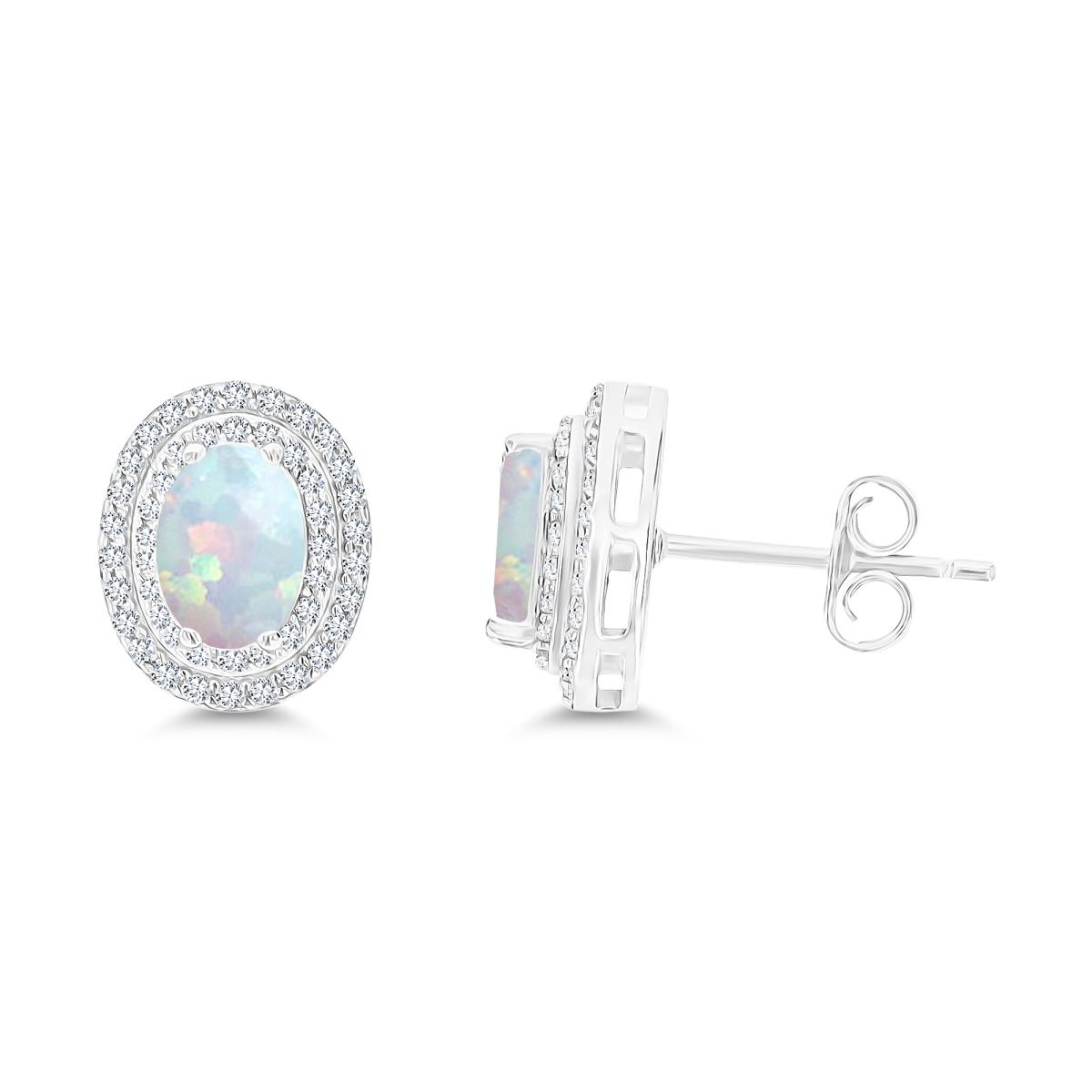 Sterling Silver Rhodium 7x5mm Oval Cr Opal & Cr White Sapphire Halo Earrings