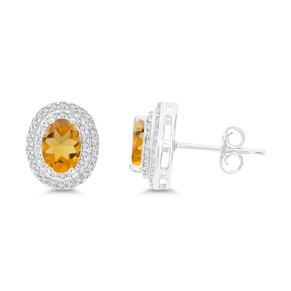 Sterling Silver Rhodium 7x5mm Oval Citrine & Cr White Sapphire Halo Earrings