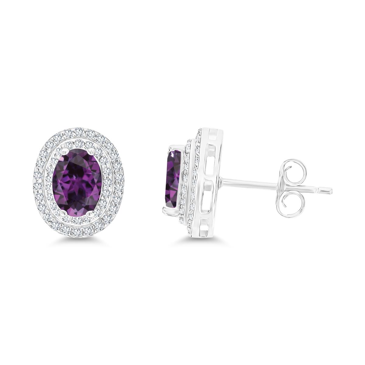 Sterling Silver Rhodium 7x5mm Oval Cr Alexandrite & Cr White Sapphire Halo Earrings