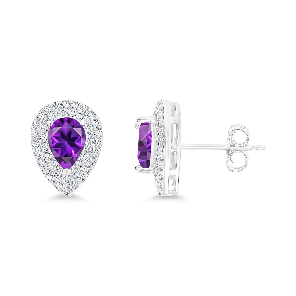 Sterling Silver Rhodium 7x5mm PS Amethyst/ Cr White Sapphire Double Halo Stud Earring