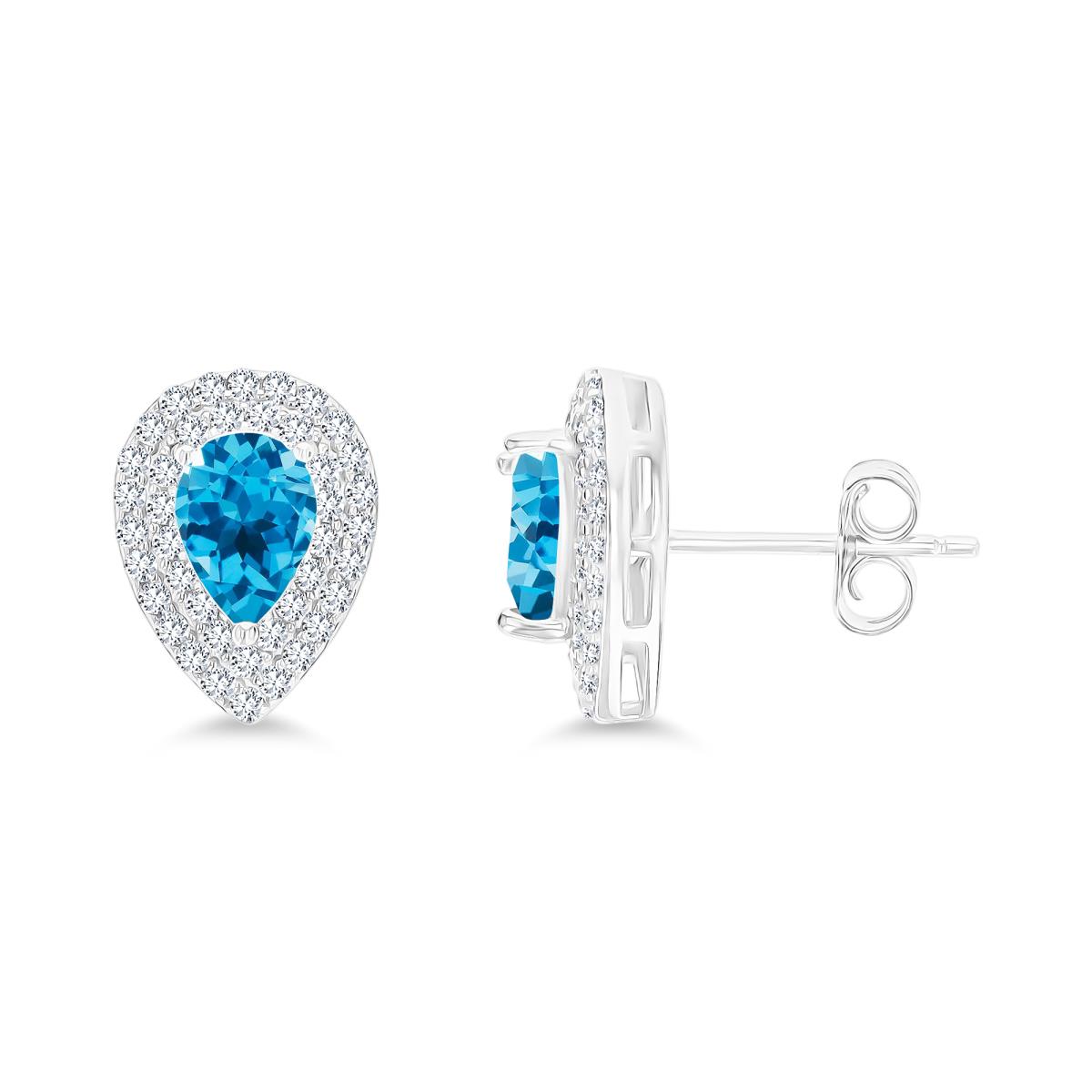 Sterling Silver Rhodium 7x5mm PS Blue Topaz/ Cr White Sapphire Double Halo Stud Earring