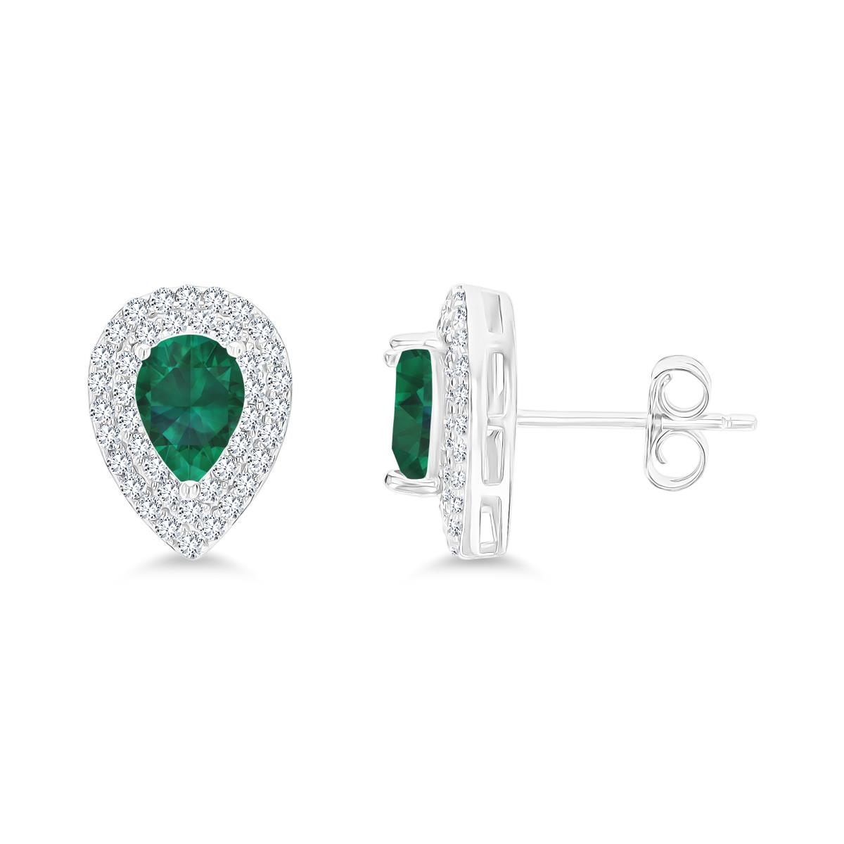 Sterling Silver Rhodium 7x5mm PS Cr Emerald/ Cr White Sapphire Double Halo Stud Earring
