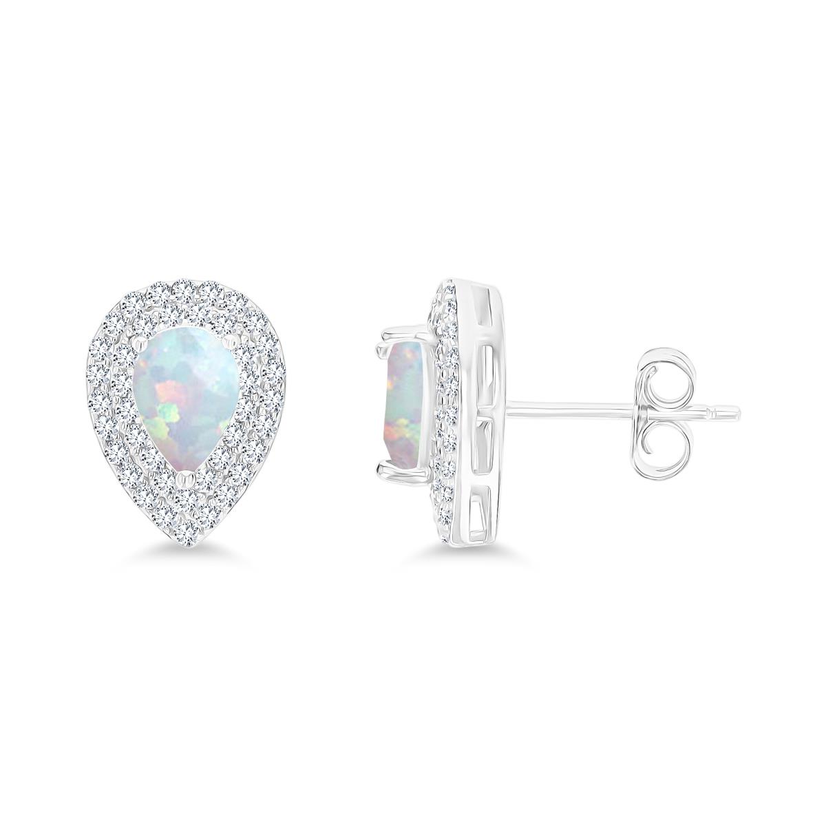 Sterling Silver Rhodium 7x5mm PS Cr Opal/ Cr White Sapphire Double Halo Stud Earring