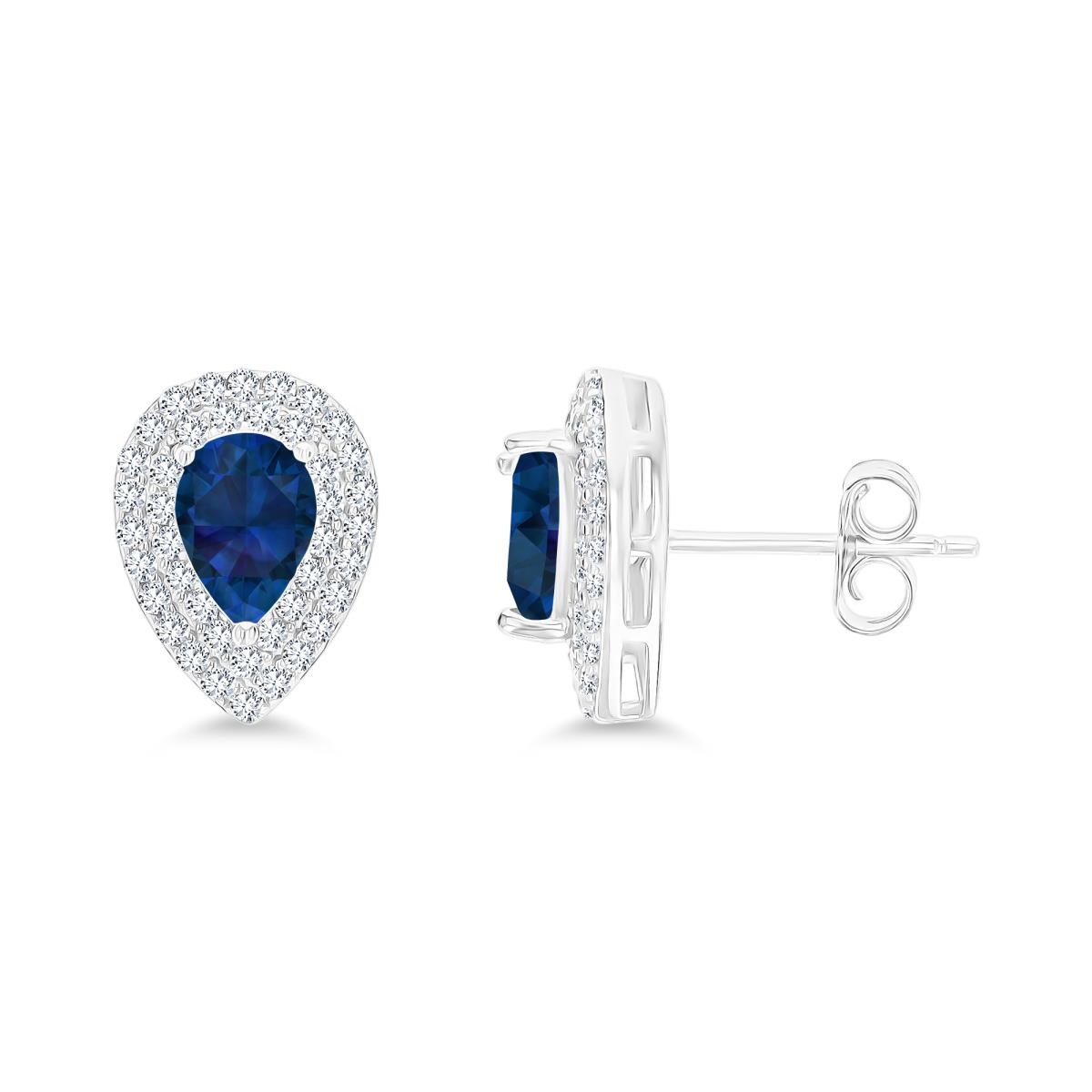 Sterling Silver Rhodium 7x5mm PS Cr Blue Sapphire/ Cr White Sapphire Double Halo Stud Earring