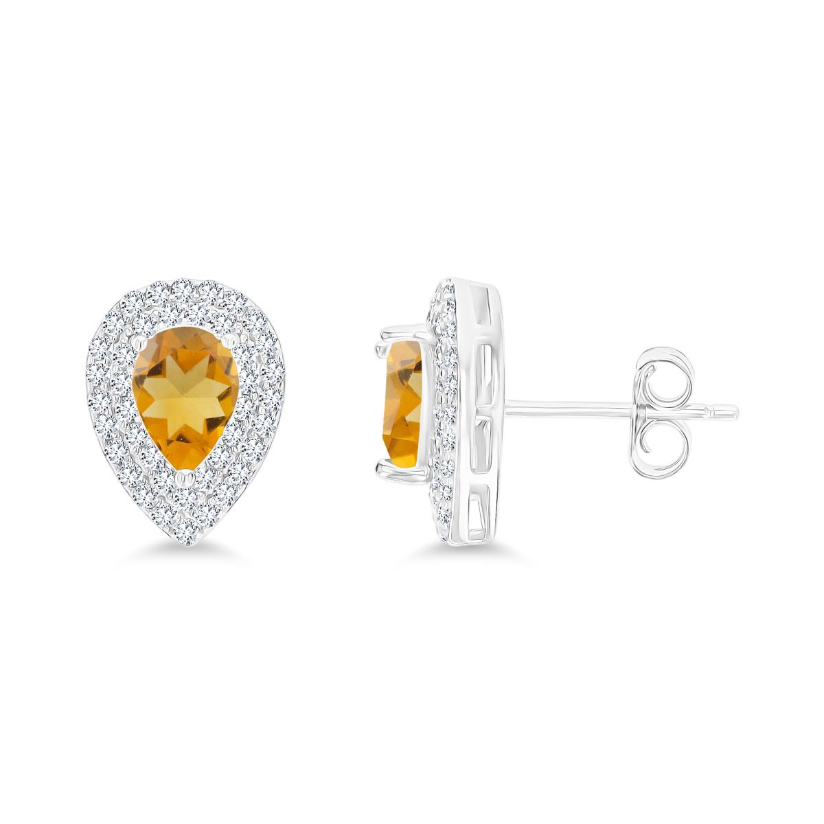Sterling Silver Rhodium 7x5mm PS Citrine/ Cr White Sapphire Double Halo Stud Earring