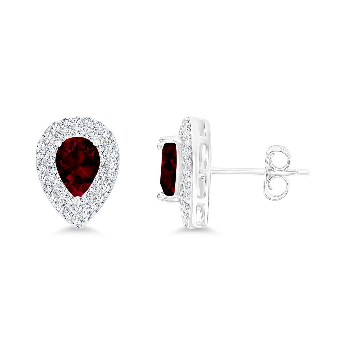 Sterling Silver Rhodium 7x5mm PS Garnet/ Cr White Sapphire Double Halo Stud Earring
