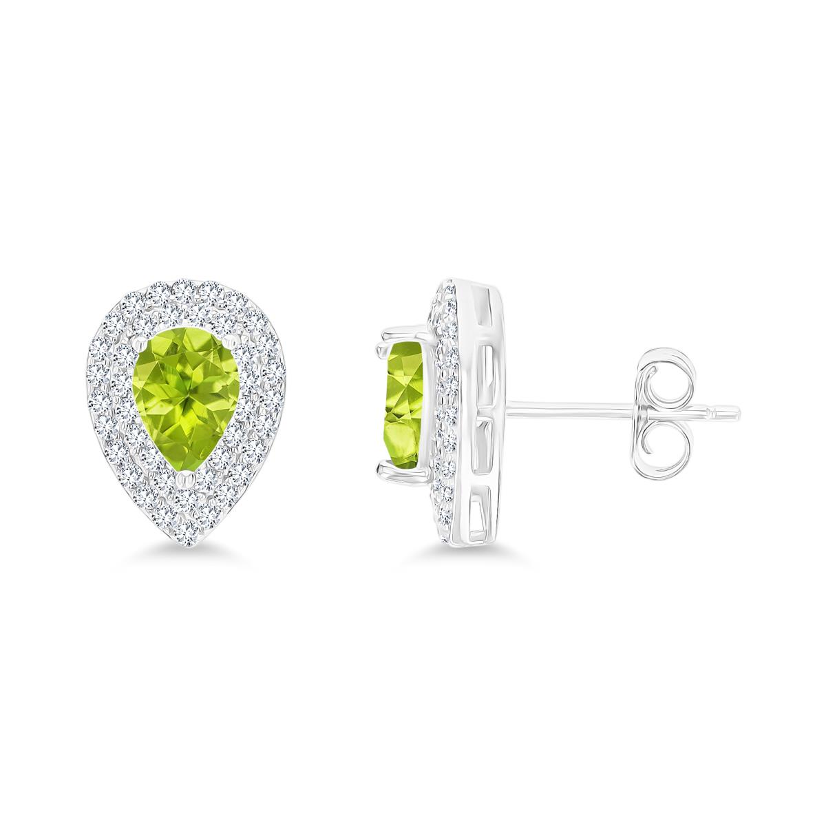 Sterling Silver Rhodium 7x5mm PS Peridot/ Cr White Sapphire Double Halo Stud Earring