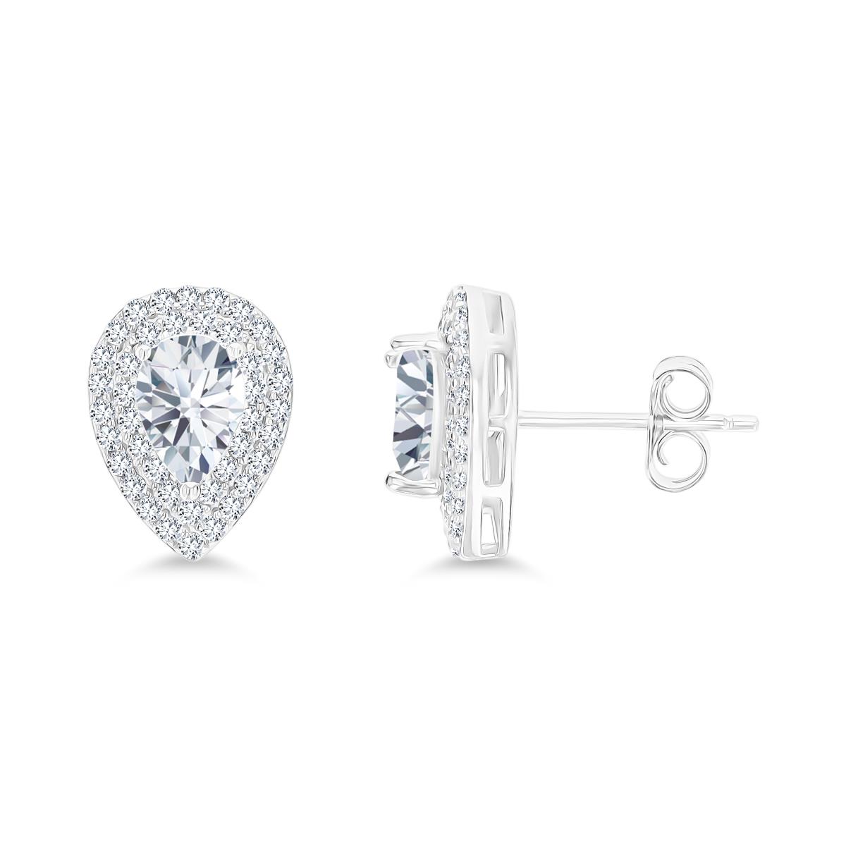 Sterling Silver Rhodium 7x5mm PS White Topaz/ Cr White Sapphire Double Halo Stud Earring