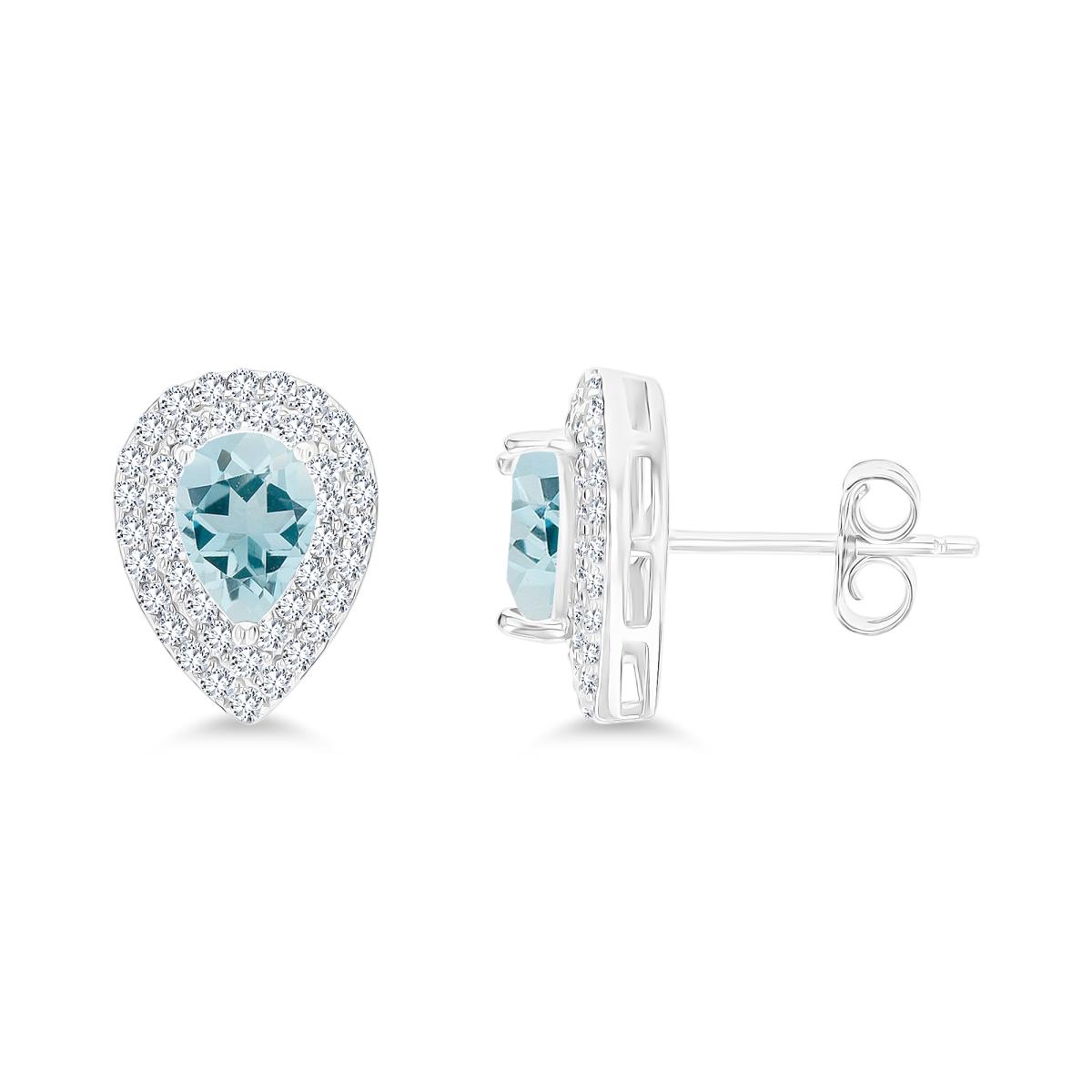 Sterling Silver Rhodium 7x5mm PS Aquamarine/ Cr White Sapphire Double Halo Stud Earring