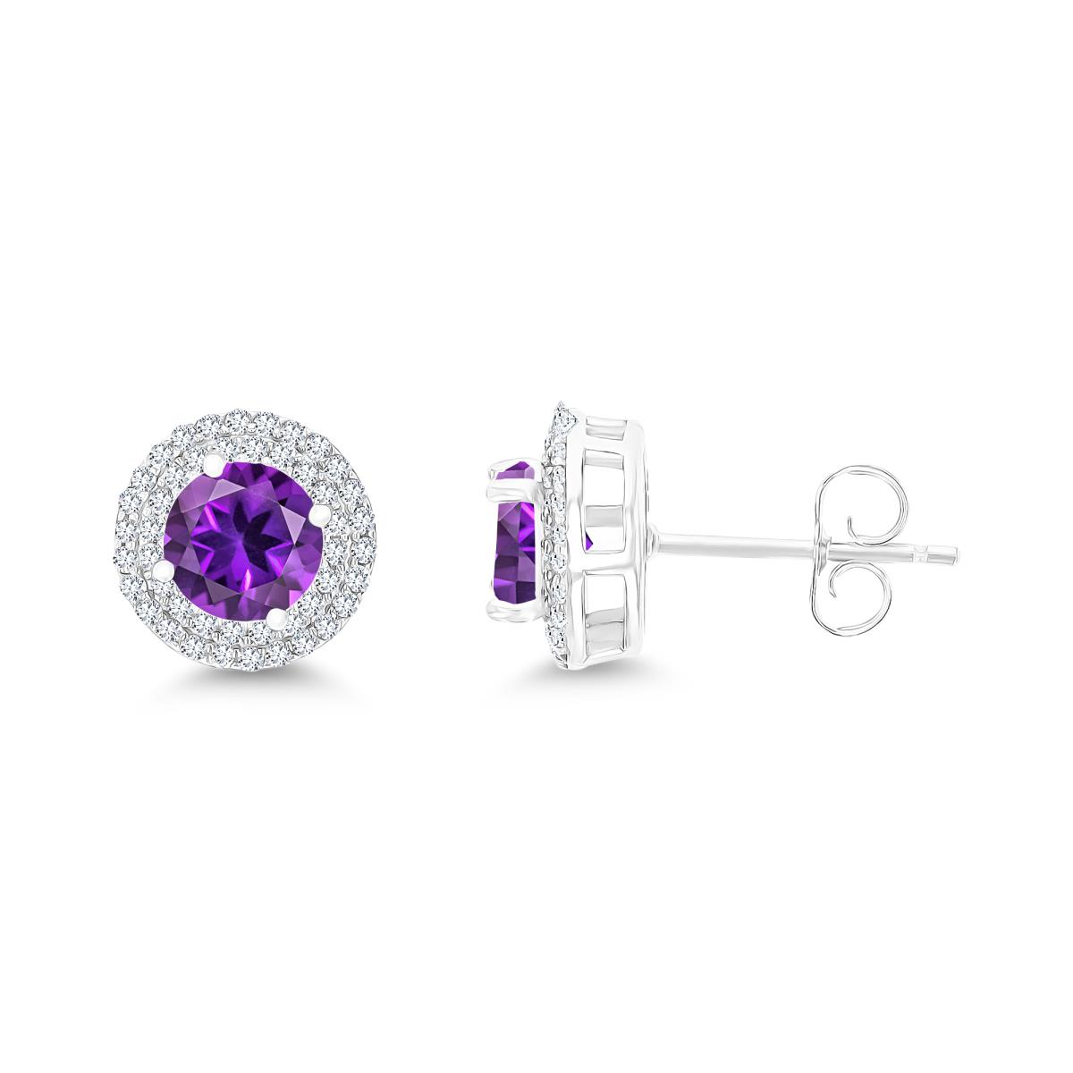 Sterling Silver Rhodium 6mm RD Amethyst / Cr White Sapphire Double Halo Stud Earring