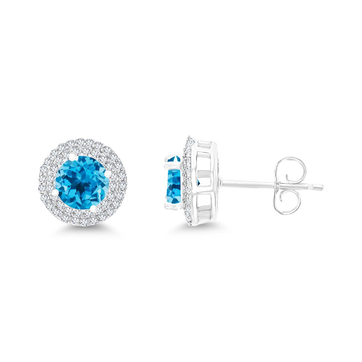 Sterling Silver Rhodium 6mm RD Blue Topaz / Cr White Sapphire Double Halo Stud Earring