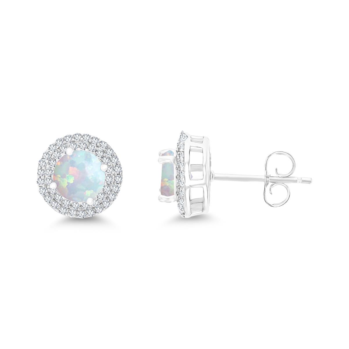 Sterling Silver Rhodium 6mm RD Cr Opal / Cr White Sapphire Double Halo Stud Earring