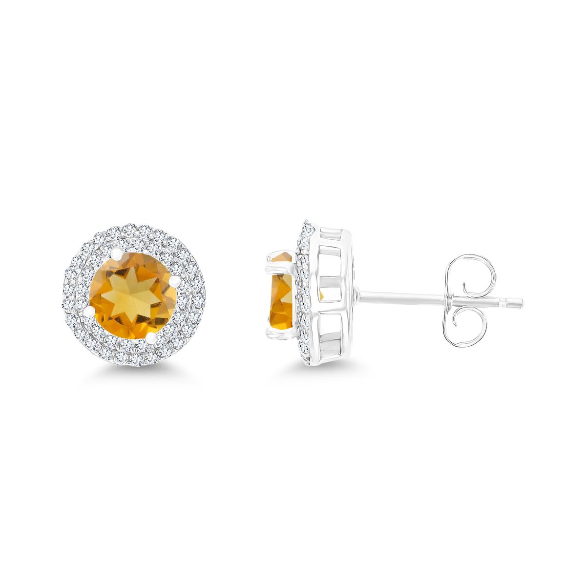Sterling Silver Rhodium 6mm RD Citrine / Cr White Sapphire Double Halo Stud Earring