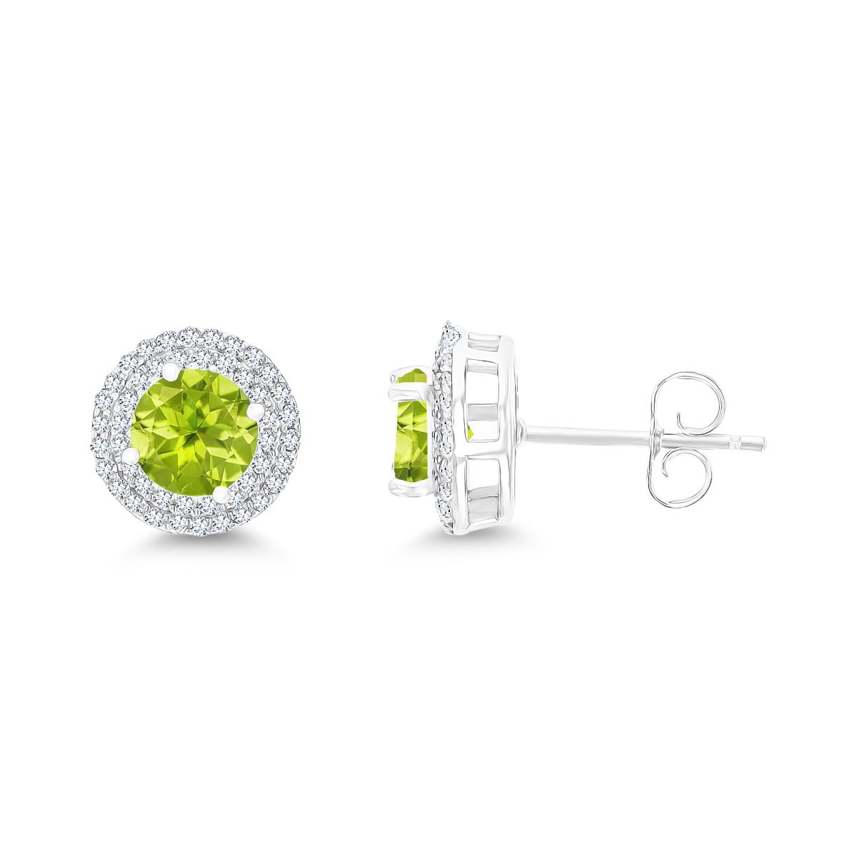 Sterling Silver Rhodium 6mm RD Peridot / Cr White Sapphire Double Halo Stud Earring