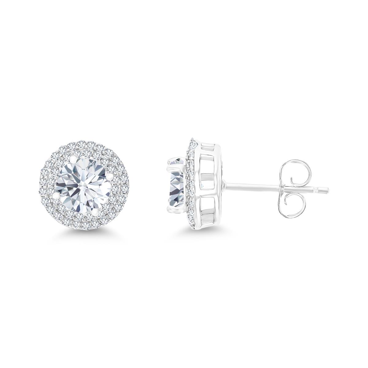 Sterling Silver Rhodium 6mm RD White Topaz / Cr White Sapphire Double Halo Stud Earring