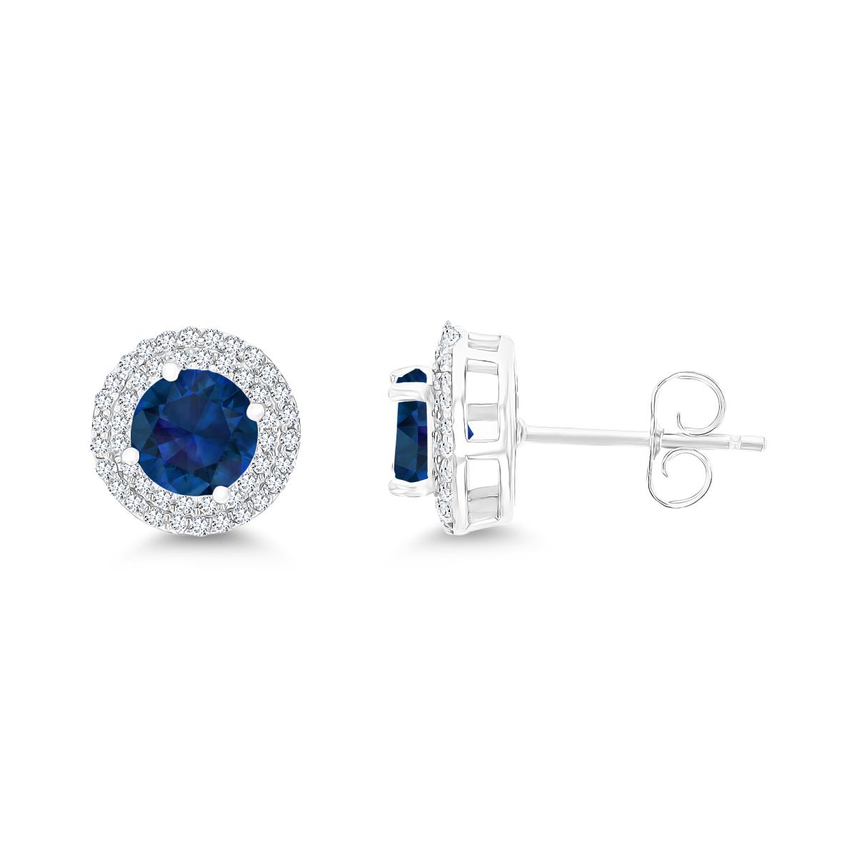 Sterling Silver Rhodium 6mm RD Cr Blue Sapphire / Cr White Sapphire Double Halo Stud Earring