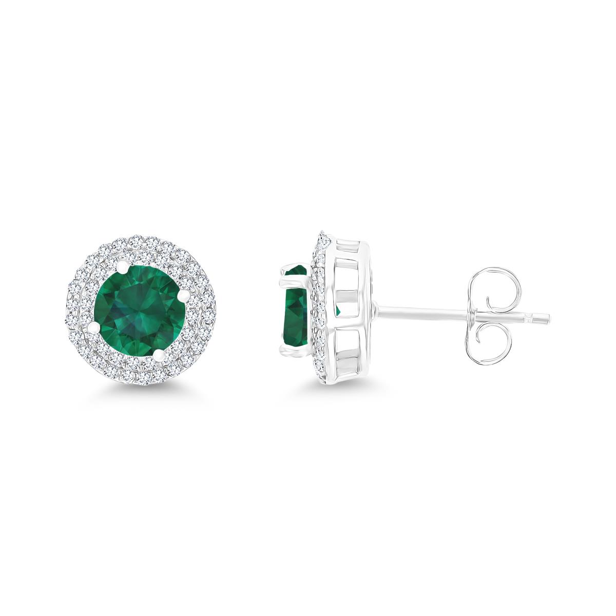 Sterling Silver Rhodium 6mm RD Cr Emerald / Cr White Sapphire Double Halo Stud Earring