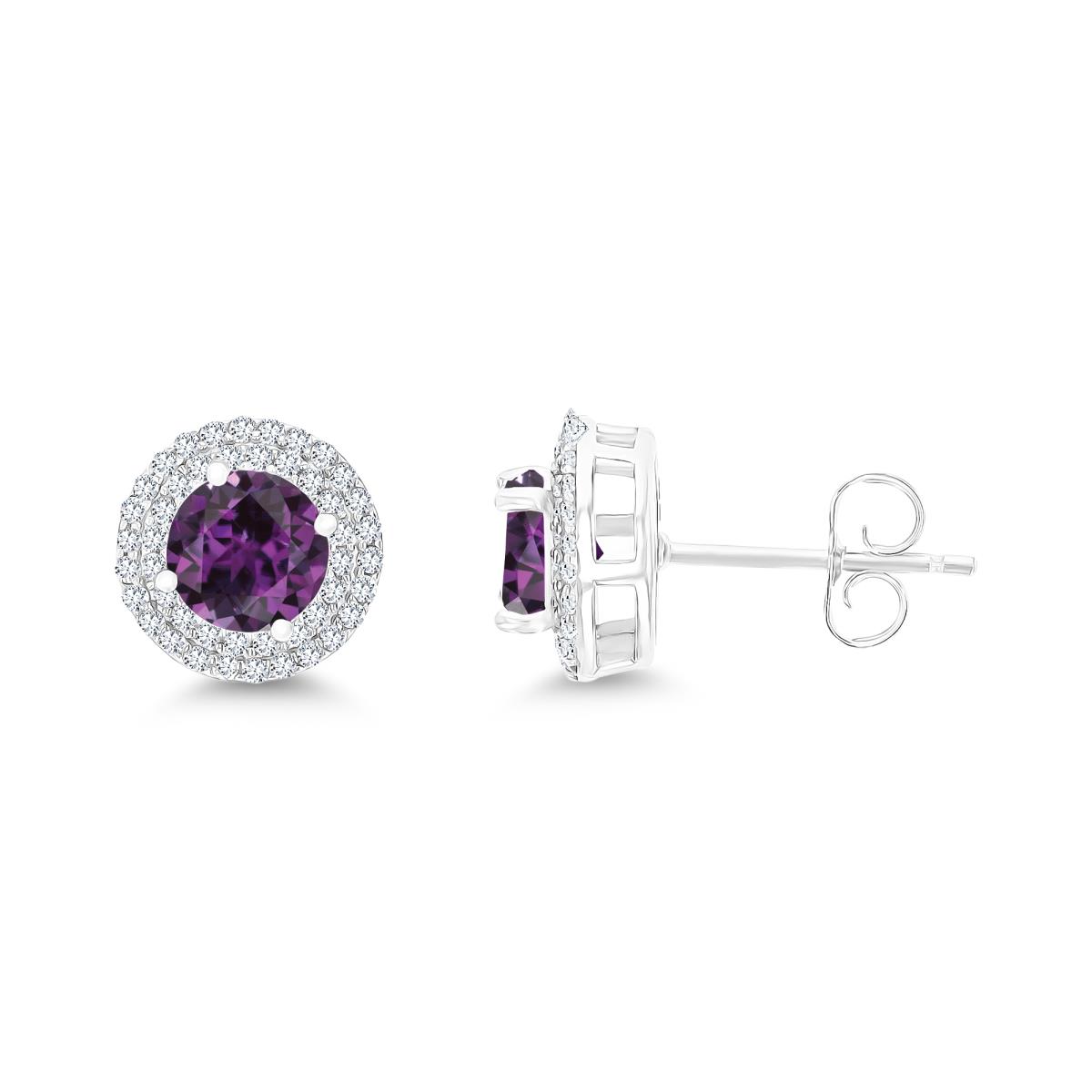 Sterling Silver Rhodium 6mm RD Cr Alexandrite / Cr White Sapphire Double Halo Stud Earring