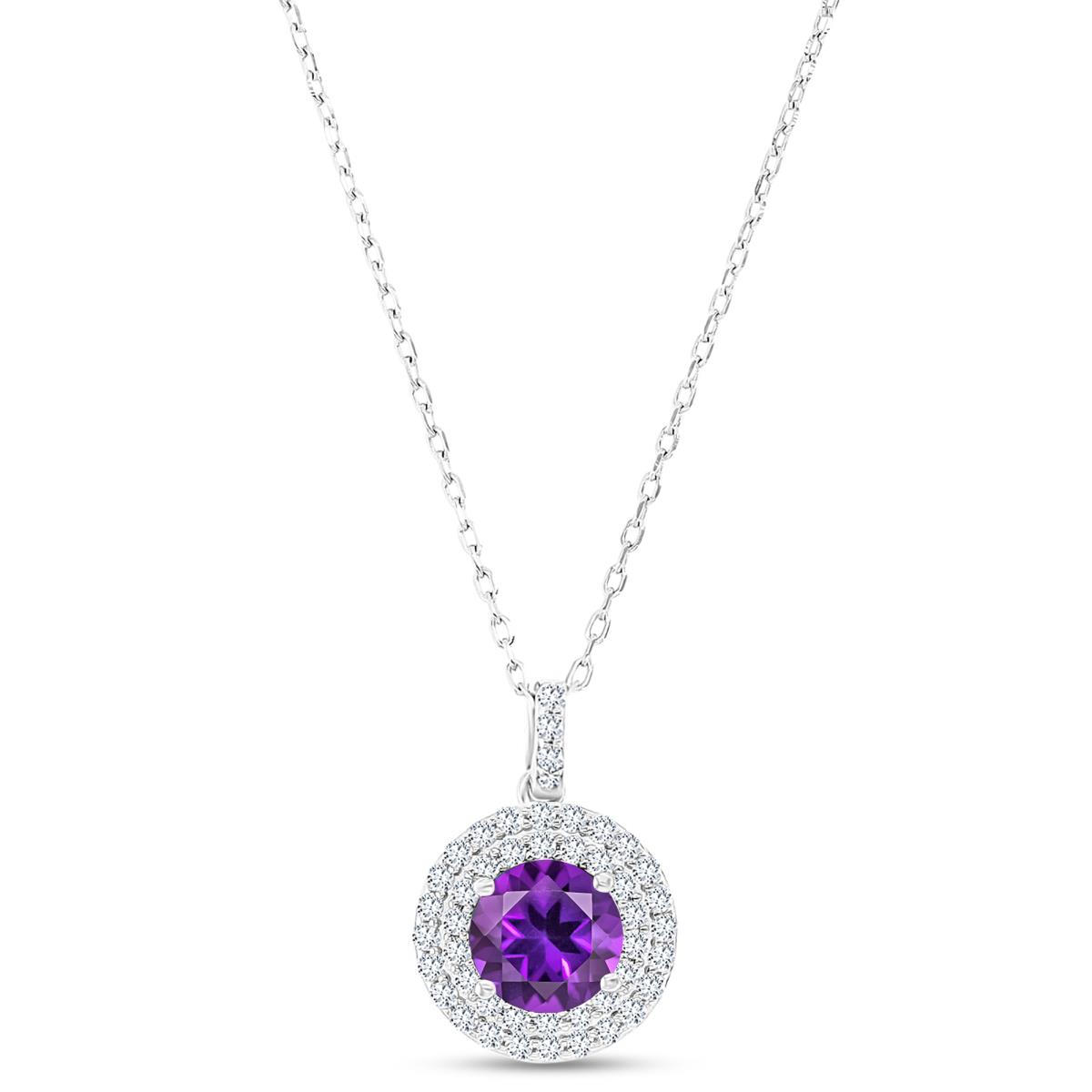 Sterling Silver Rhodium 7mm RD Amethyst / Cr White Sapphire Duble Halo 16"+2" Necklace