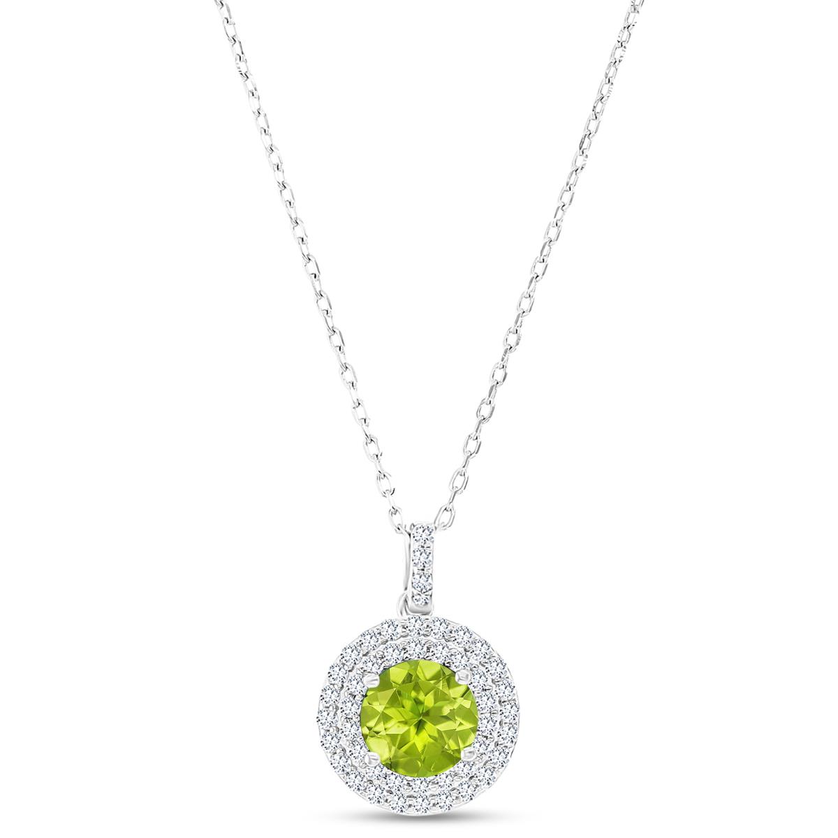 Sterling Silver Rhodium 7mm RD Peridot / Cr White Sapphire Duble Halo 16"+2" Necklace
