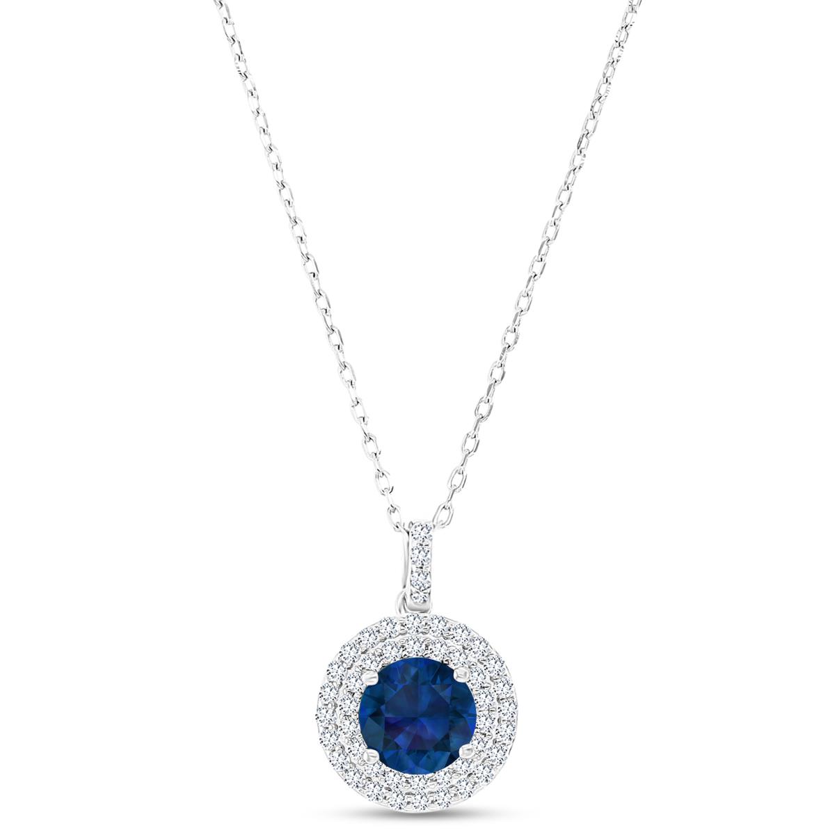Sterling Silver Rhodium 7mm RD Cr Blue Sapphire / Cr White Sapphire Duble Halo 16"+2" Necklace