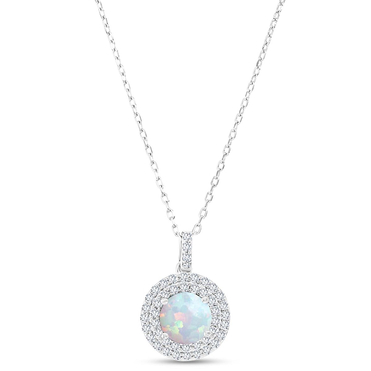 Sterling Silver Rhodium 7mm RD Cr Opal / Cr White Sapphire Duble Halo 16"+2" Necklace