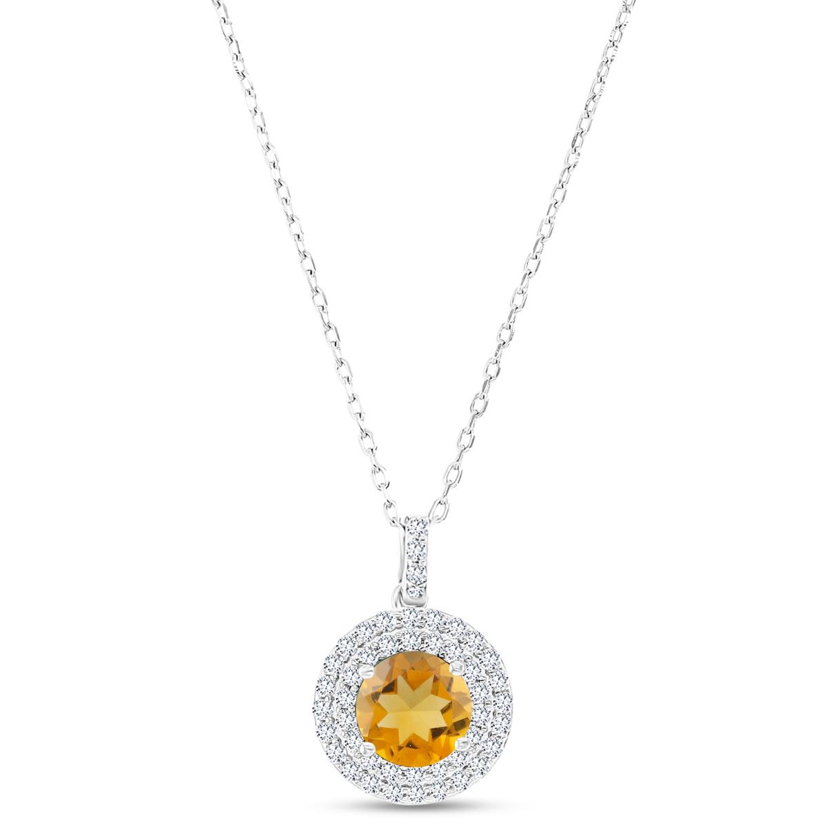 Sterling Silver Rhodium 7mm RD Citrine / Cr White Sapphire Duble Halo 16"+2" Necklace
