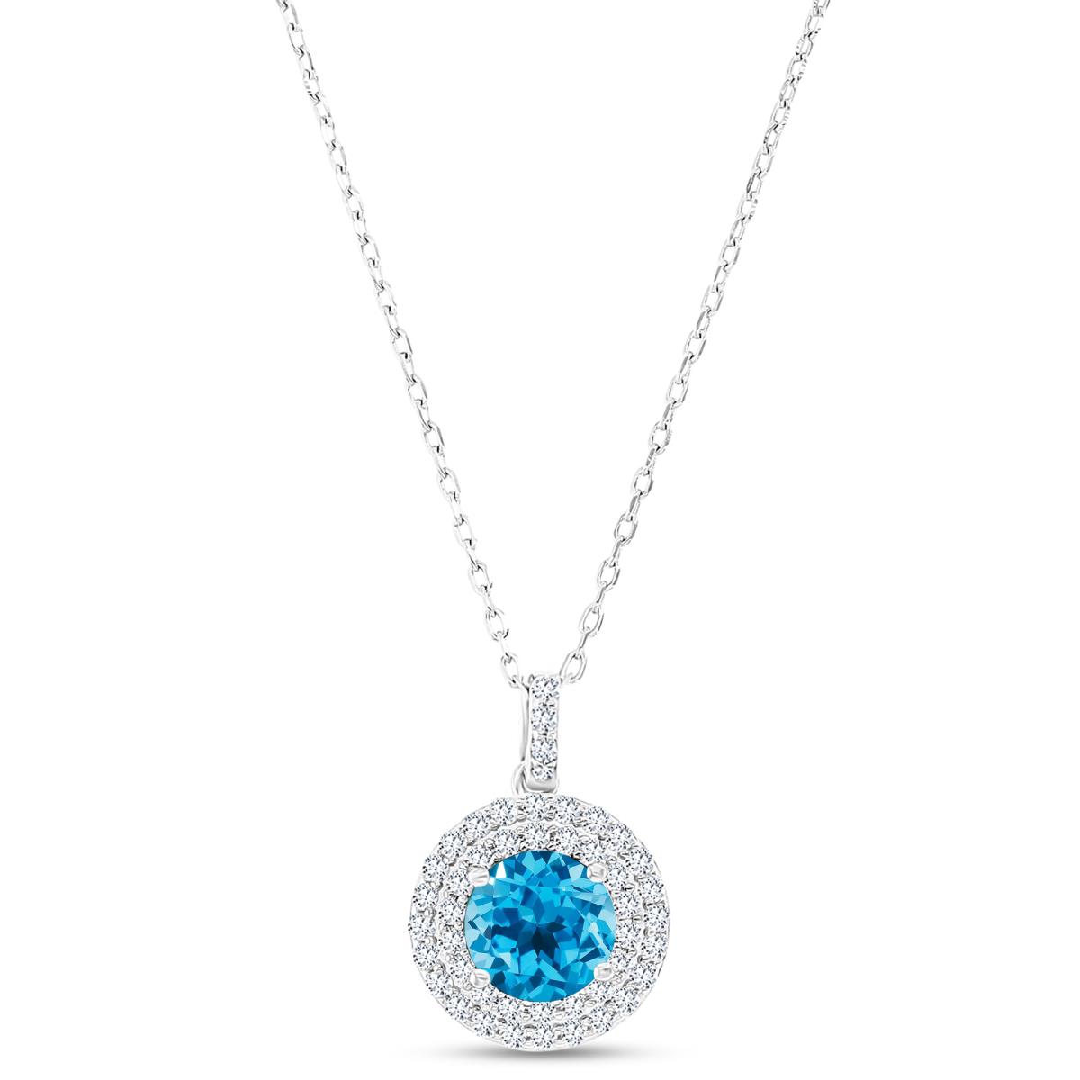 Sterling Silver Rhodium 7mm RD Blue Topaz / Cr White Sapphire Duble Halo 16"+2" Necklace