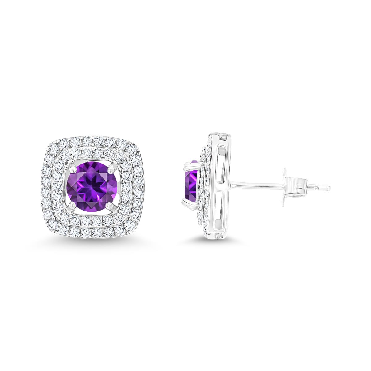 Sterling Silver Rhodium 6mm RD Amethyst/ Cr White Sapphire Cushion Double Halo Stud Earring