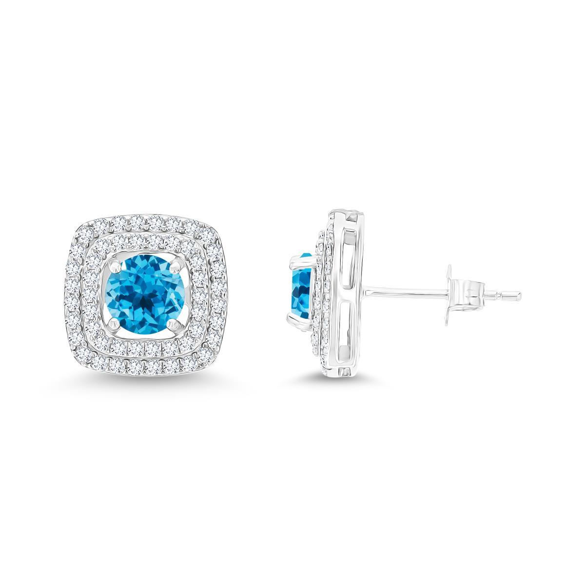 Sterling Silver Rhodium 6mm RD Blue Topaz/ Cr White Sapphire Cushion Double Halo Stud Earring