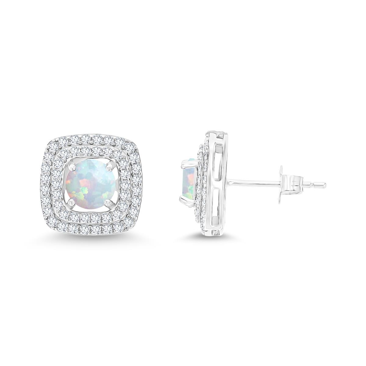 Sterling Silver Rhodium 6mm RD Cr Opal/ Cr White Sapphire Cushion Double Halo Stud Earring