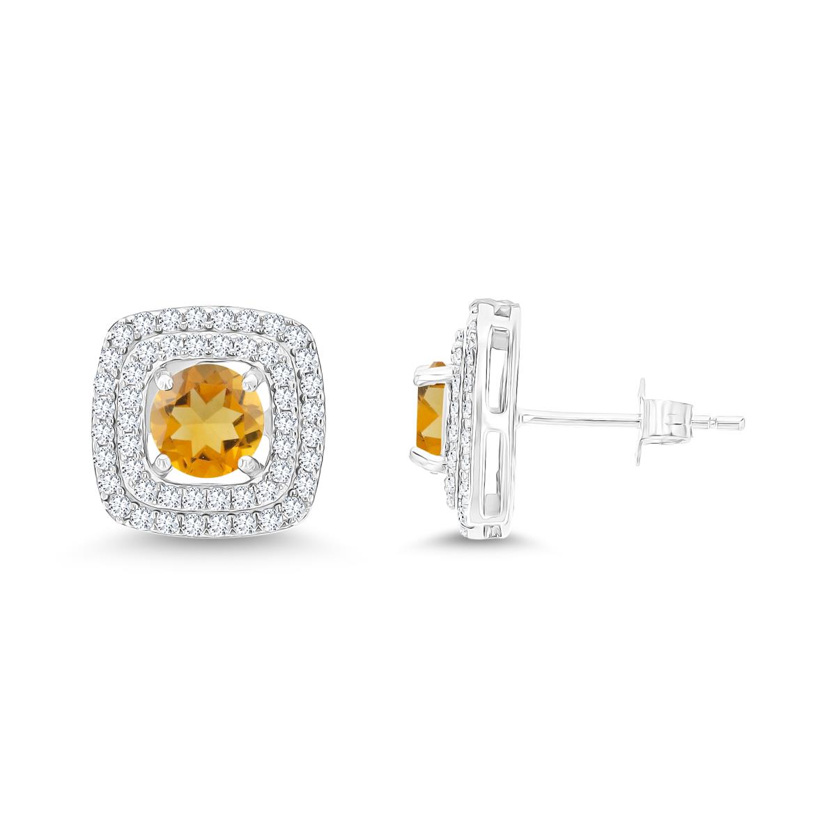 Sterling Silver Rhodium 6mm RD Citrine/ Cr White Sapphire Cushion Double Halo Stud Earring