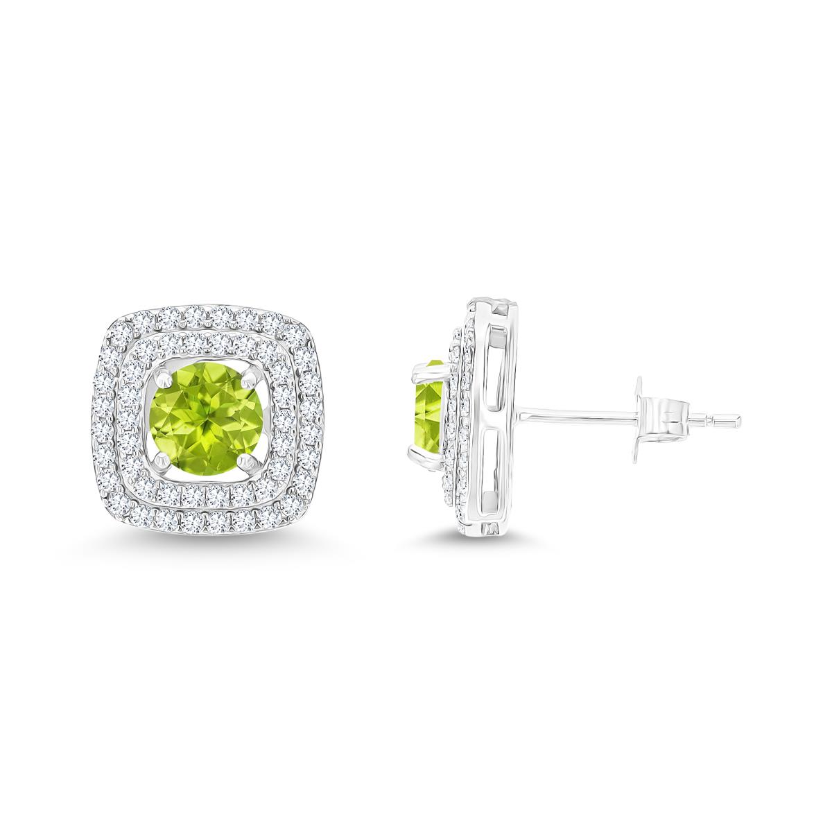 Sterling Silver Rhodium 6mm RD Peridot/ Cr White Sapphire Cushion Double Halo Stud Earring