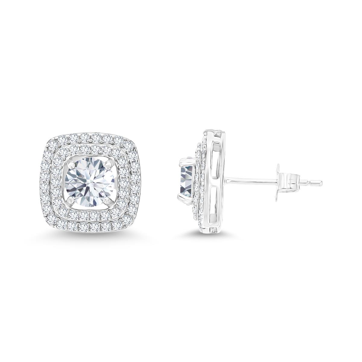 Sterling Silver Rhodium 6mm RD White Topaz/ Cr White Sapphire Cushion Double Halo Stud Earring