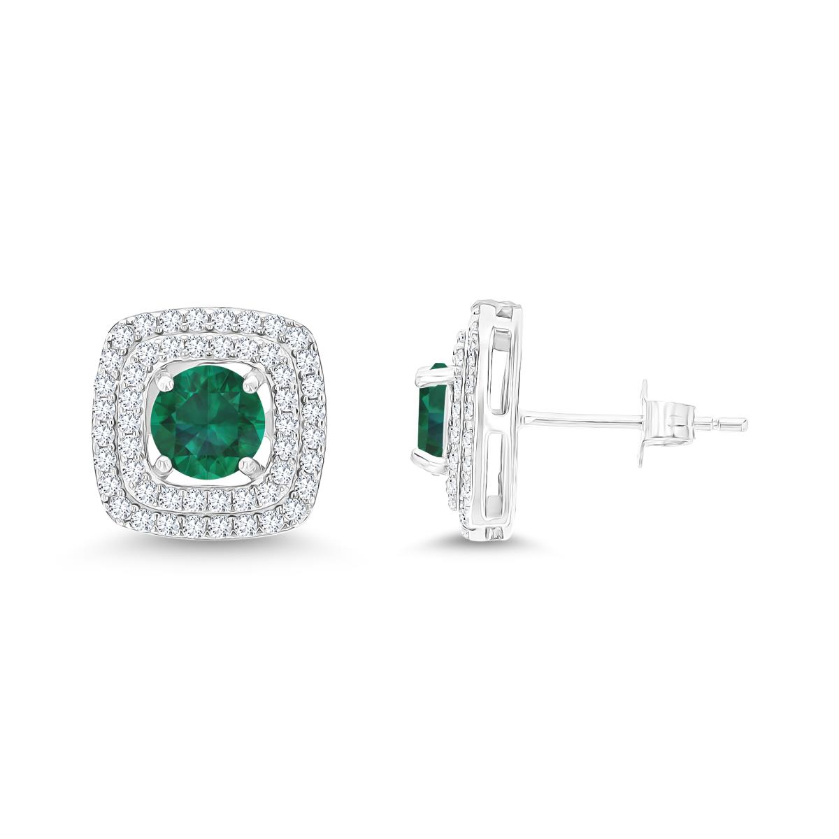 Sterling Silver Rhodium 6mm RD Cr Emerald/ Cr White Sapphire Cushion Double Halo Stud Earring