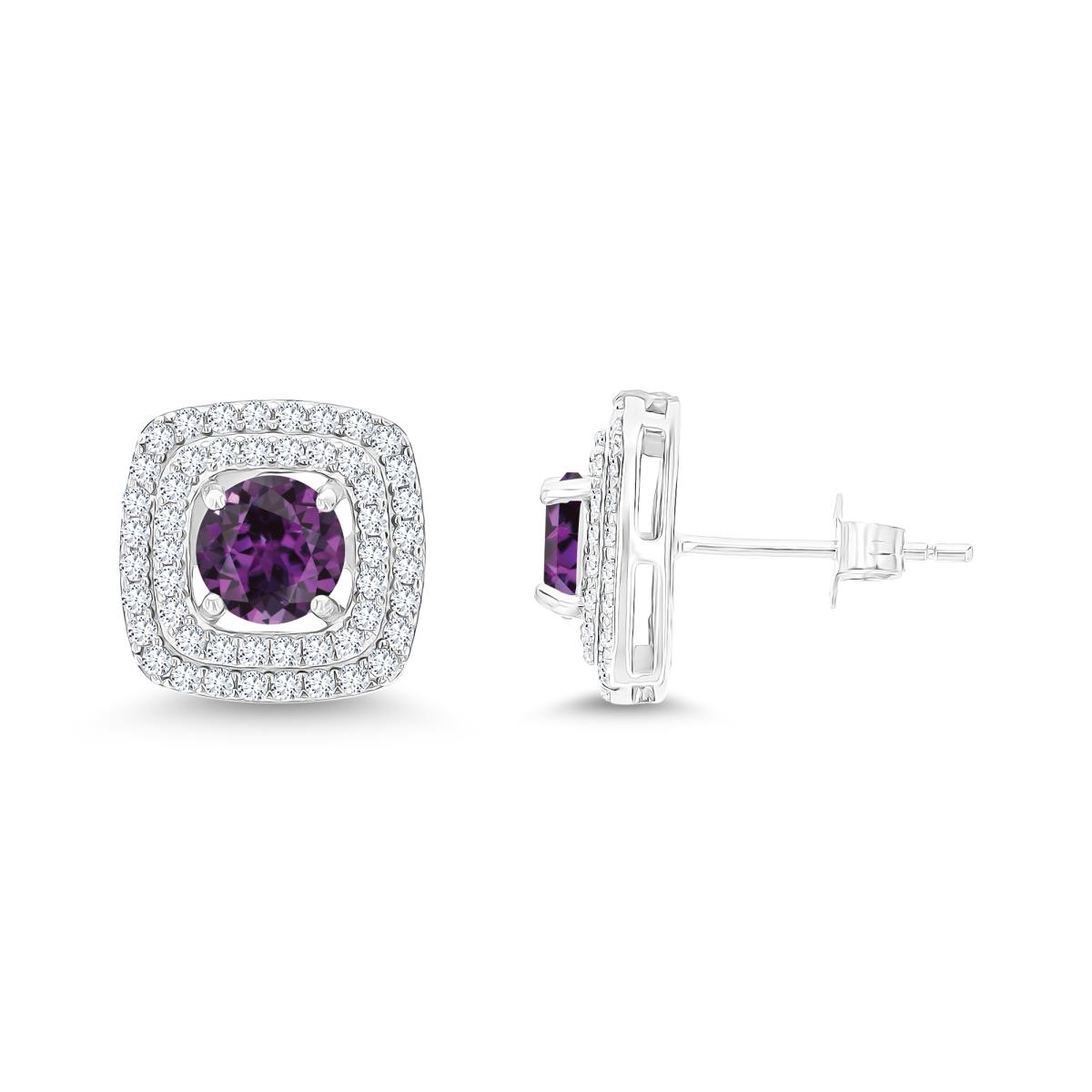 Sterling Silver Rhodium 6mm RD Cr Alexandrite/ Cr White Sapphire Cushion Double Halo Stud Earring