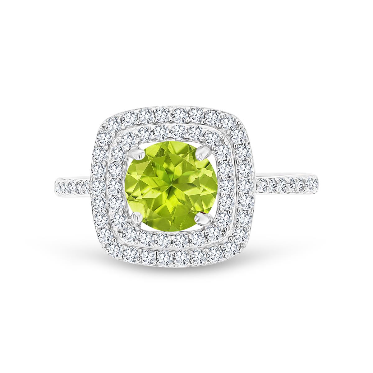 Sterling Silver Rhodium 7mm RD Peridot/ Cr White Sapphire Cushion Double Halo Stud Earring