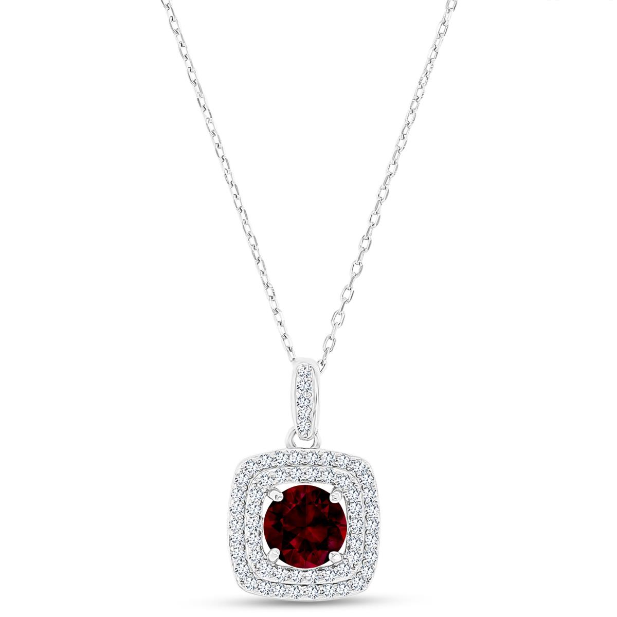 Sterling Silver Rhodium 7mm RD Garnet/ Cr White Sapphire Cushion Double Halo 16"+2" Necklace