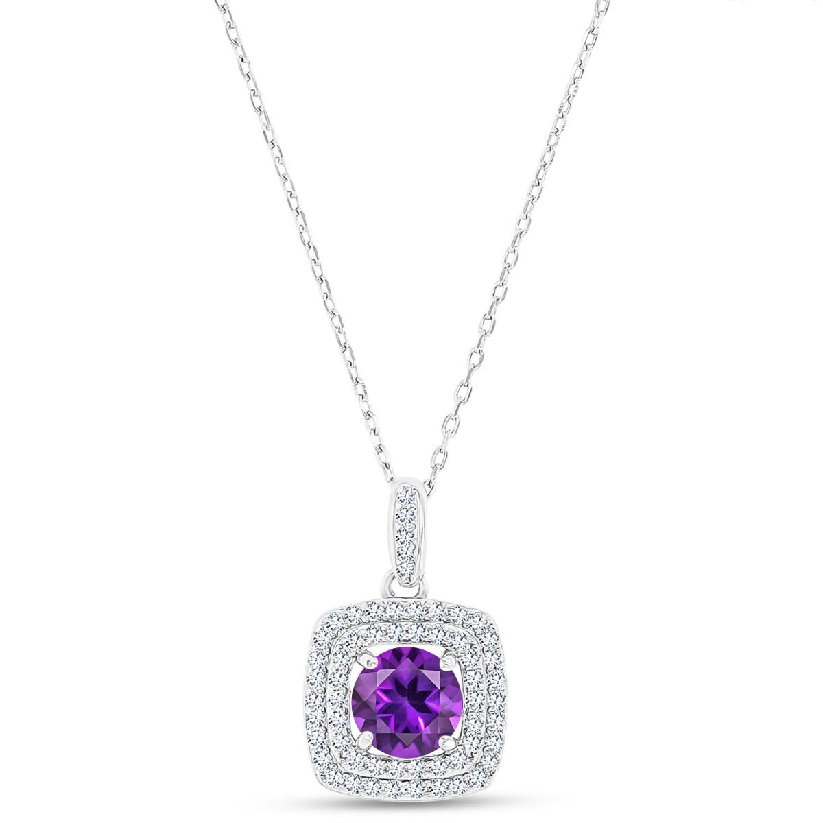Sterling Silver Rhodium 7mm RD Amethyst/ Cr White Sapphire Cushion Double Halo 16"+2" Necklace