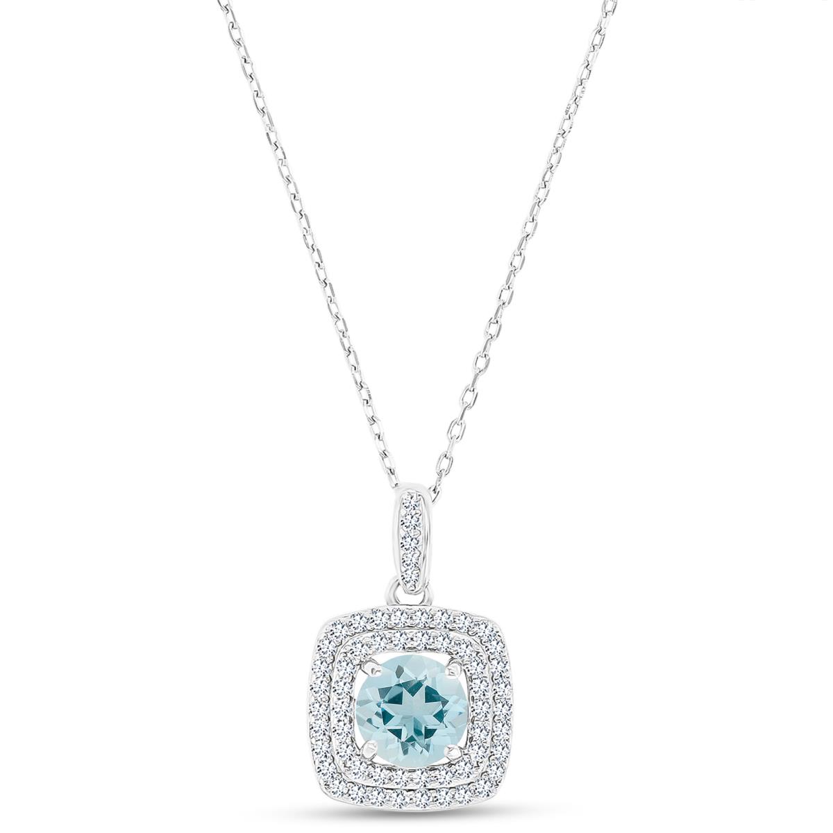 Sterling Silver Rhodium 7mm RD Aquamarine/ Cr White Sapphire Cushion Double Halo 16"+2" Necklace