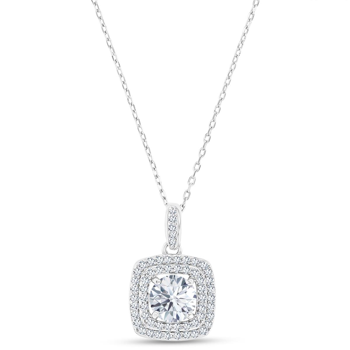 Sterling Silver Rhodium 7mm RD White Topaz/ Cr White Sapphire Cushion Double Halo 16"+2" Necklace