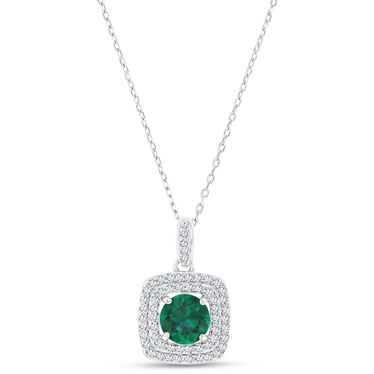 Sterling Silver Rhodium 7mm RD Cr Emerald/ Cr White Sapphire Cushion Double Halo 16"+2" Necklace