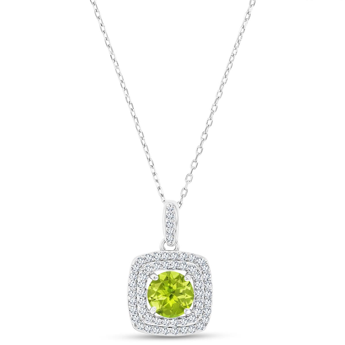 Sterling Silver Rhodium 7mm RD Peridot/ Cr White Sapphire Cushion Double Halo 16"+2" Necklace