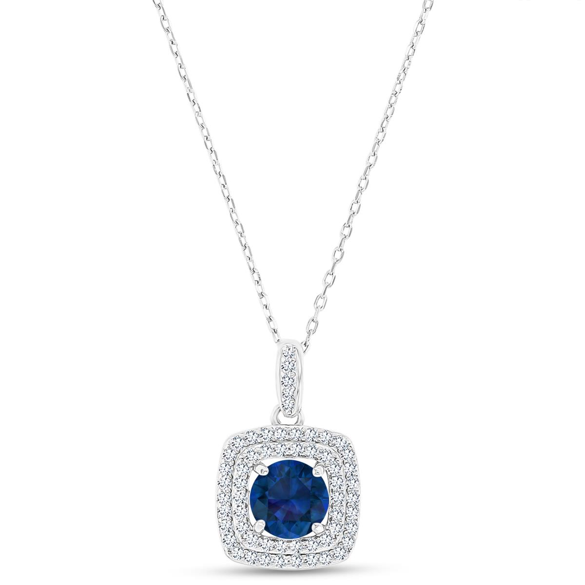 Sterling Silver Rhodium 7mm RD Cr Blue Sapphire/ Cr White Sapphire Cushion Double Halo 16"+2" Necklace